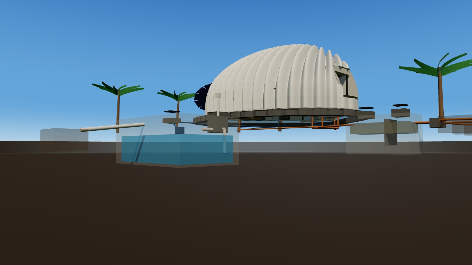 Section view showing the underground rainwater reservoir and septic system beneath the Elohim Shell