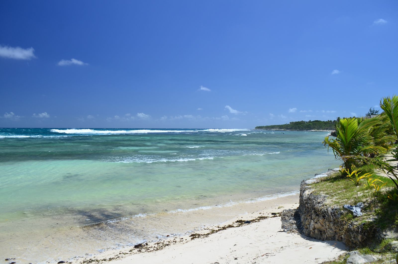 Turquoise lagoon and white surf on the fringing reef at Pango beach