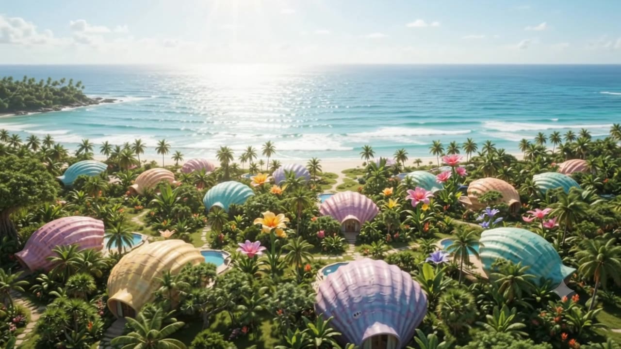 Aerial concept view of a beachfront Elohim Shell resort with private pools among palms